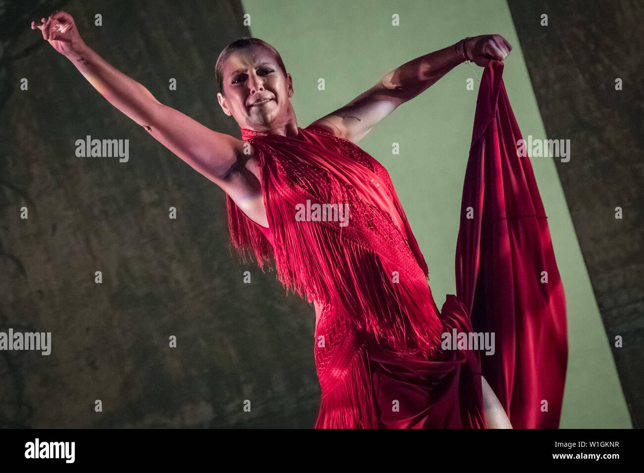 London, UK. 2nd July, 2019. Revolutionary dancer and flamenco legend Sara Baras returns to Sadler’s Wells Theatre opening the 16th Flamenco Festival with ‘Sombras’ (Shadows) which draws on the dance form that has woven through her career, La Farruca. Renowned for its dramatic fast-footwork usually performed by men, Sara Baras dances La Farruca alongside six dancers to claim the dance form as her own. Credit: Guy Corbishley/Alamy Live News Stock Photo