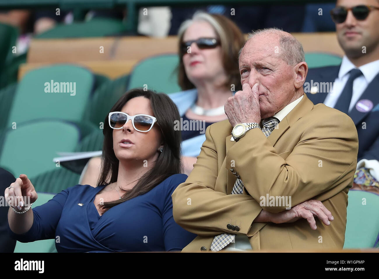 London, UK. 2nd July 2019, The All England Lawn Tennis and Croquet Club, Wimbledon, England, Wimbledon Tennis Tournament, Day 2; Geoffrey Boycott in the royal box during the match between Roger Federer (SUI) and Lloyd George Harris (RSA) Credit: Action Plus Sports Images/Alamy Live News Stock Photo