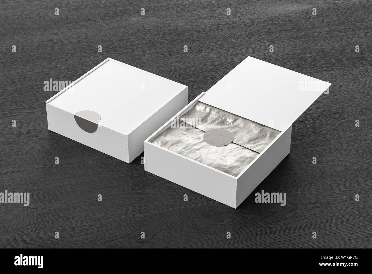 Two white square boxes with sliding lid on black wooden background