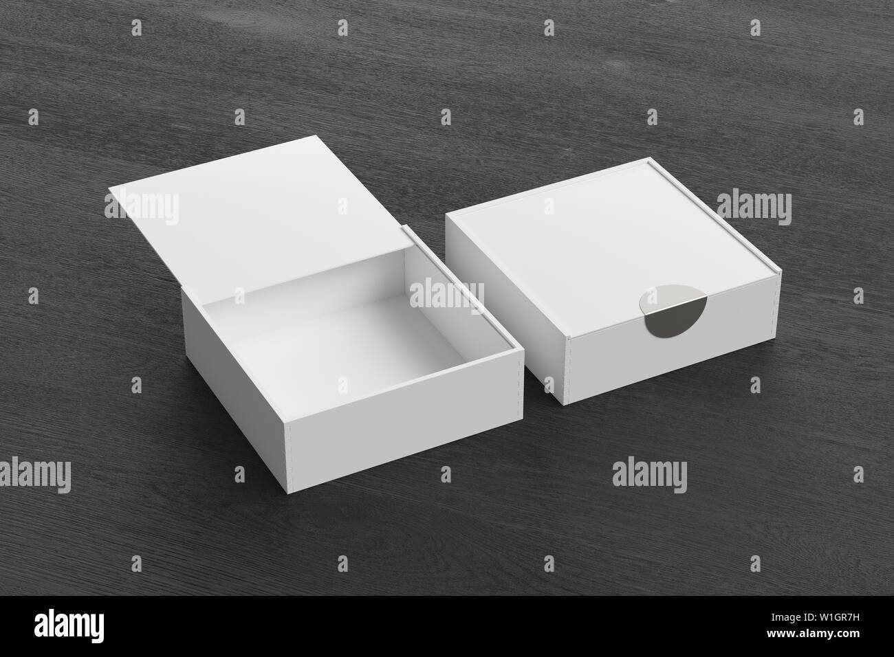 Two white square boxes with sliding lid on black wooden background