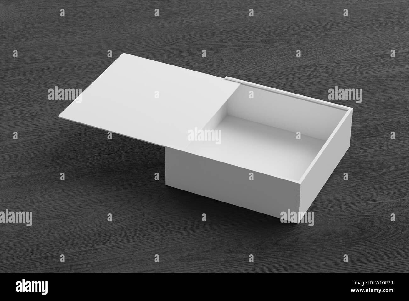 White opened square box with sliding lid on black wooden background. 3d