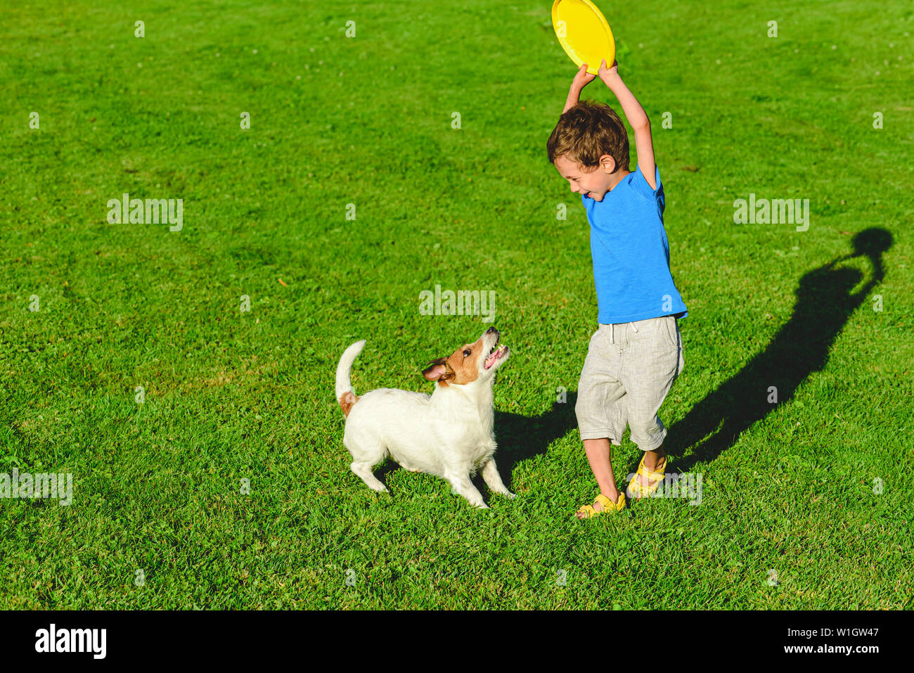 Kid and energetic active dog sitting on bench in pet friendly park on top of mountain looking down at village Stock Photo