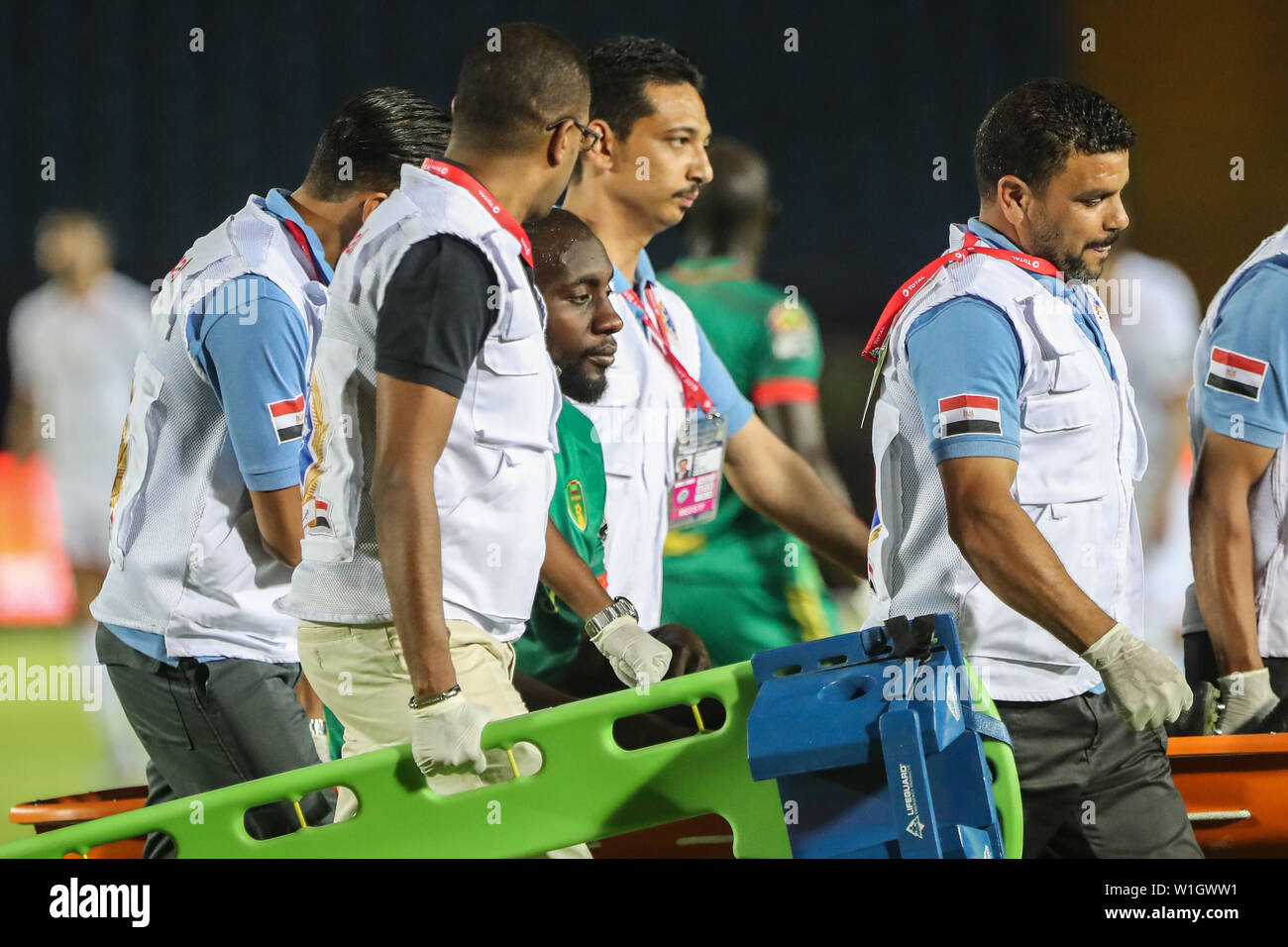 Suez, Egypt. 02nd July, 2019. Mauritania's Abdoul Ba leaves the pitch