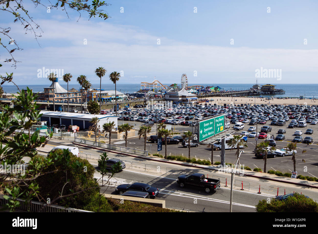 Santa Monica Beach, Pier and Parking Lot, Los Angeles, California Stock