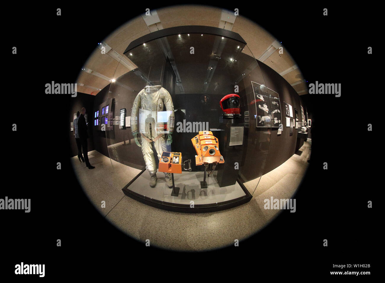 Space suit from the film '2001: A Space Odyssey' on display at the Stanley Kubrick exhibition, Design Museum, London. Shot through a fish-eye lens. Stock Photo