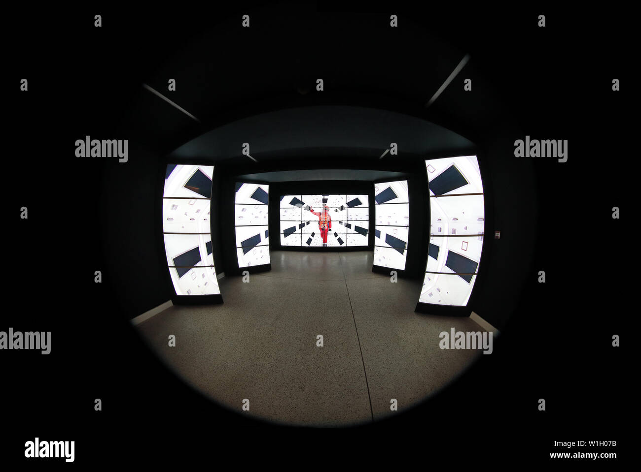 One point perspective corridor at the entrance to the Stanley Kubrick exhibition, Design Museum, London, June 2019. Shot through a fish-eye lens. Stock Photo