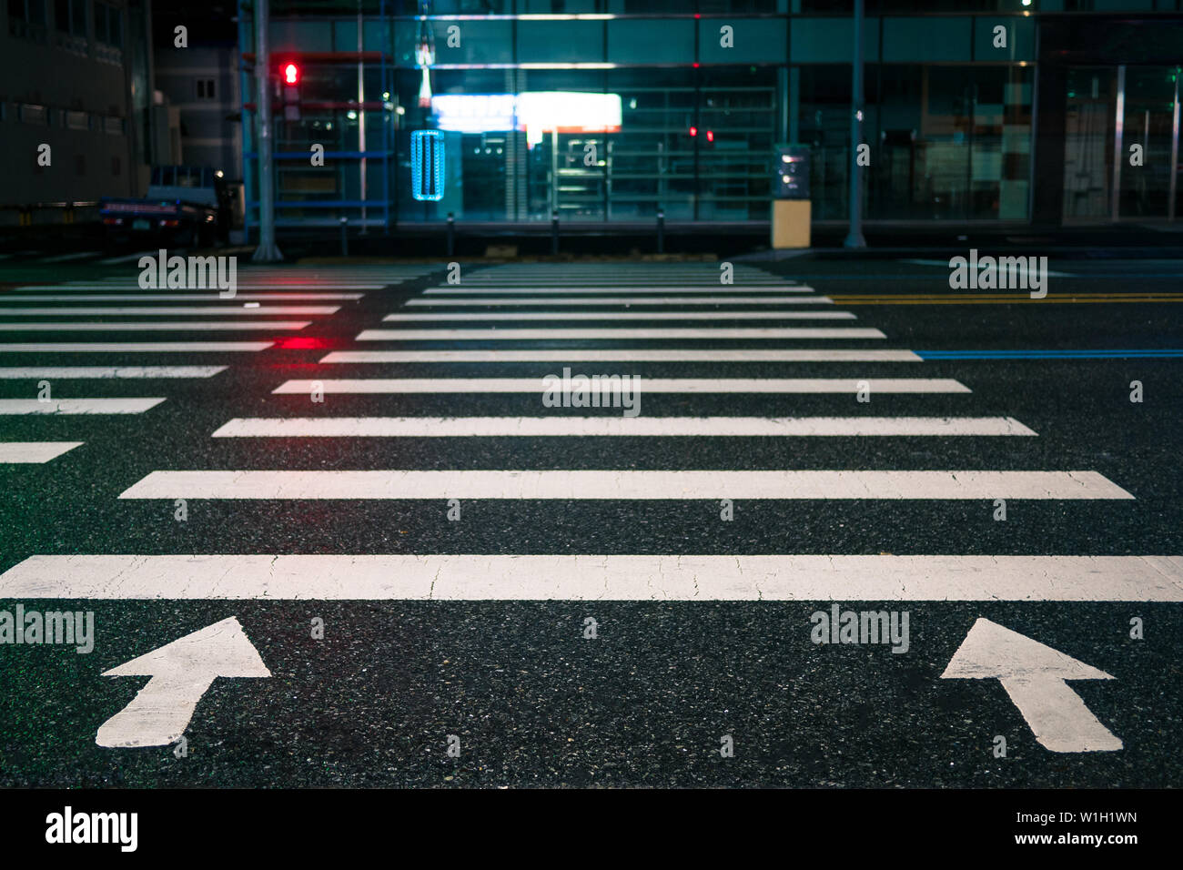 Pedestrian crossing with directional arrows at night. pedestrian marking on wet pavement. red signal for traffic lights. pedestrian crossing opposite Stock Photo
