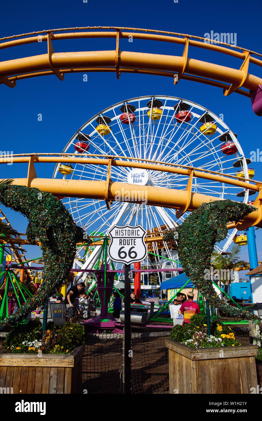 Route 66 sign in Pacific Park Amusement Park in Santa Monica Pier, Los Angeles, California Stock Photo