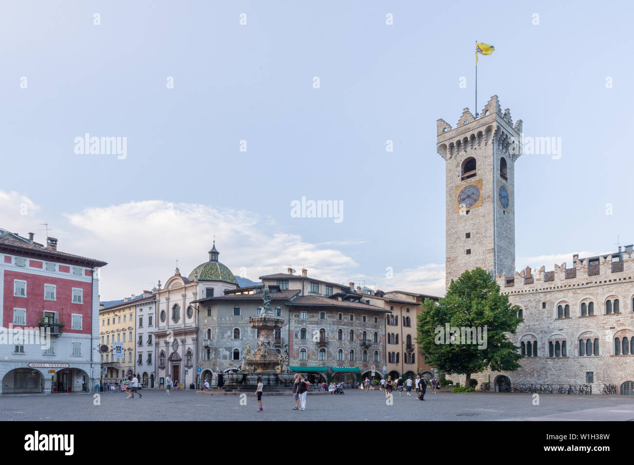 Trento, Italy (30th June 2019) - Piazza Duomo, the main historical squadre of Trento, with Palazzo Pretorio and the Torre Civica Stock Photo