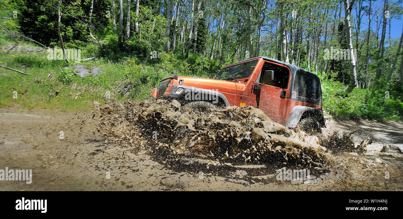 Zach powers the Orange Jeep through a mudhole high up in Snake Creek Canyon above Midway, Utah. (c) 2013 Tom Kelly Stock Photo