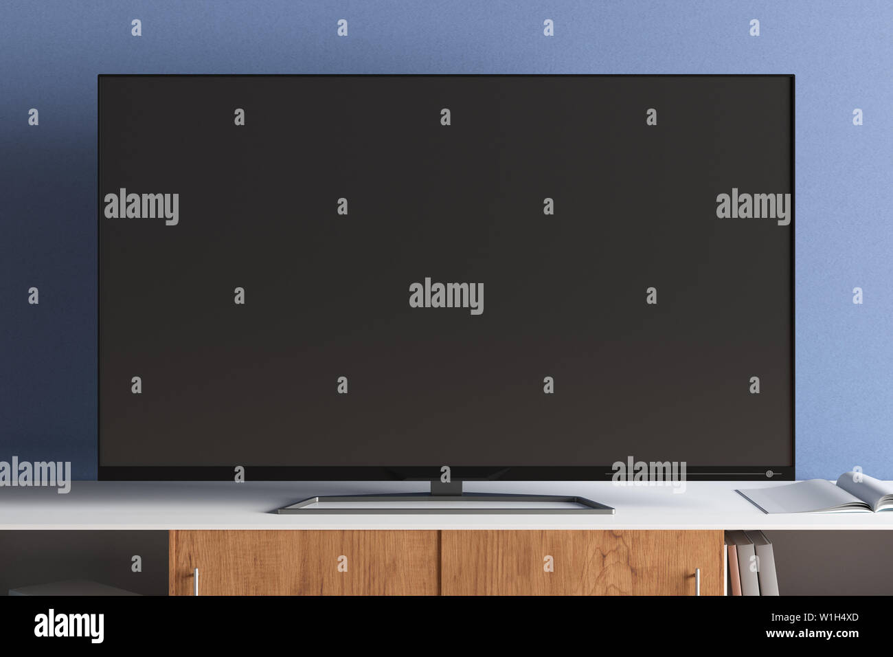TV screen mock up on the cabinet in modern living room with blue wall ...