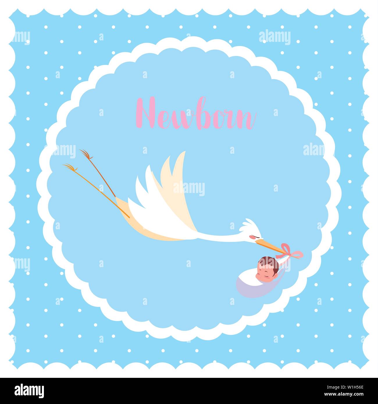 newborn card with stork flying and baby bag vector illustration design ...