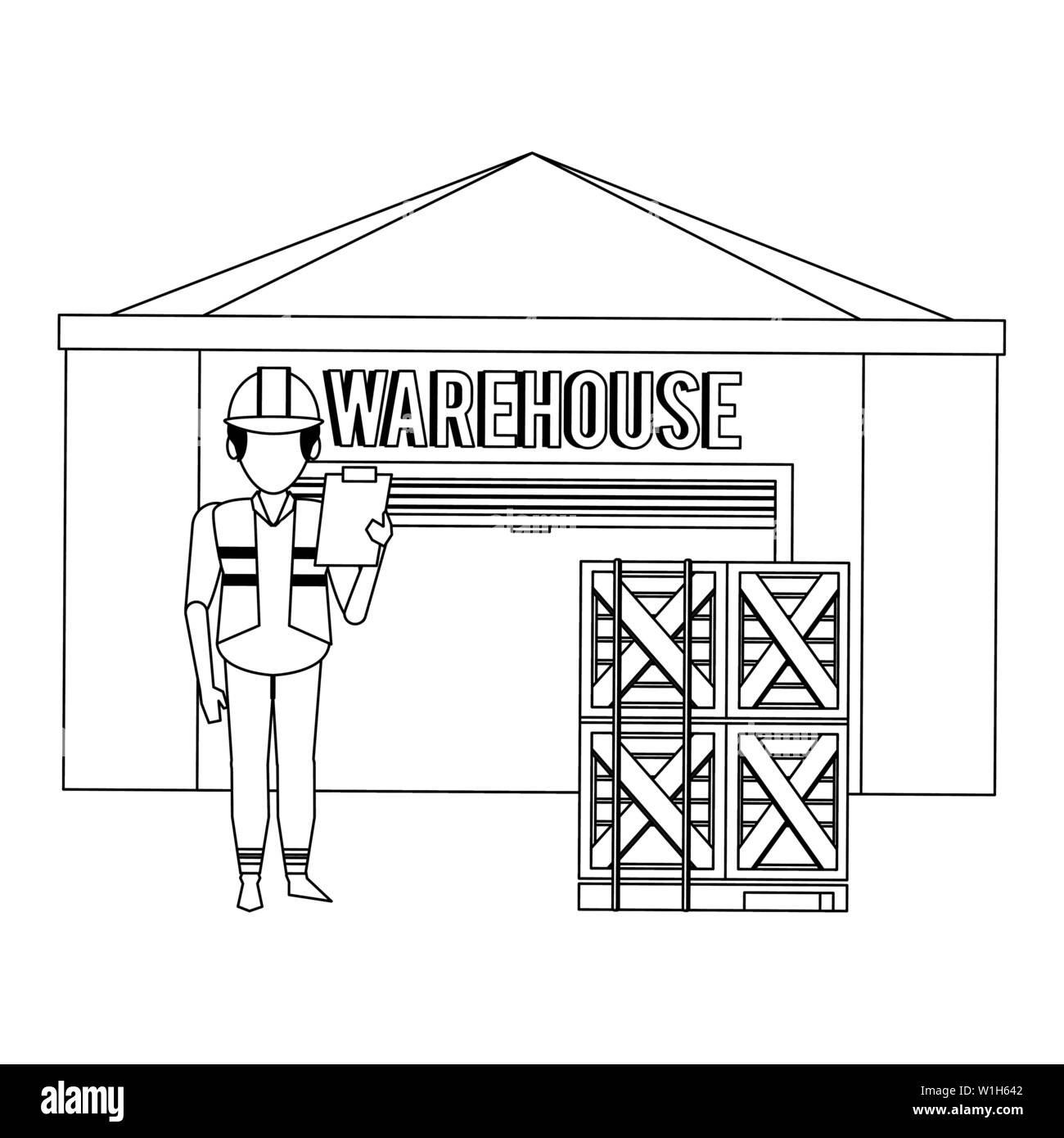 Warehouse worker logistics job concept in black and white Stock Vector