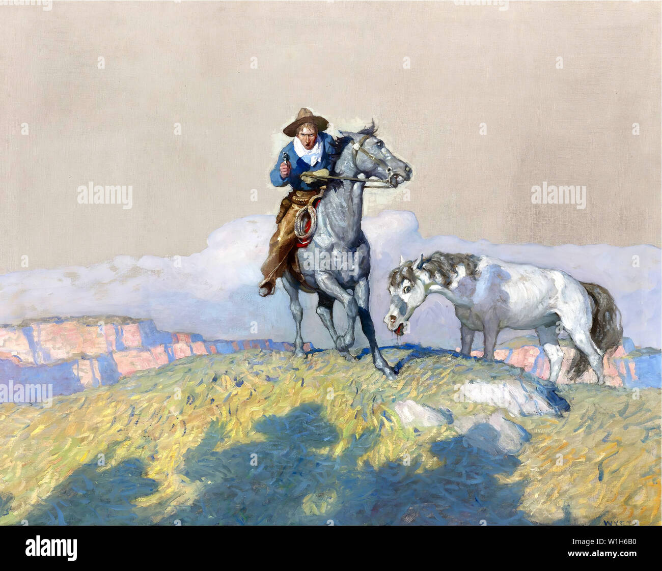 Cowboy on Horseback Riding the Range by NC Wyeth Stock Photo