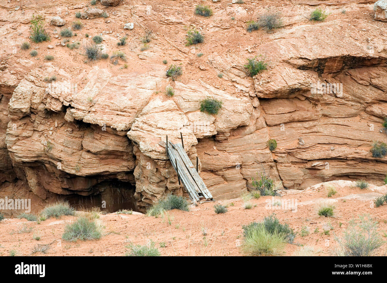 An old sheep bridge stands over 100 feet above the canyon floor in Moonshine Wash south of Green River, Utah in Robber's Roost country. Stock Photo