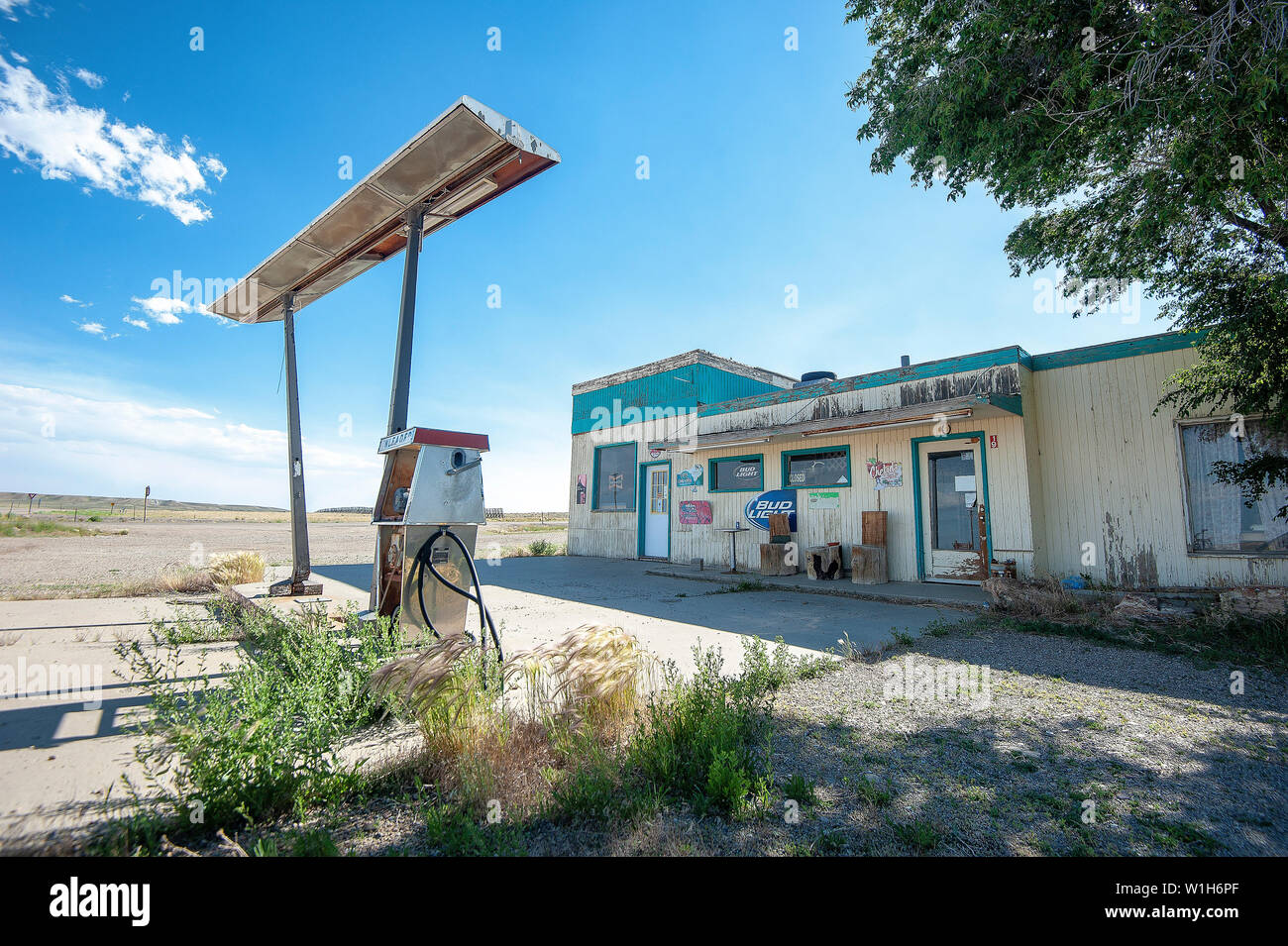 Deserted gas station in the Wyoming desert. Backroads Americana