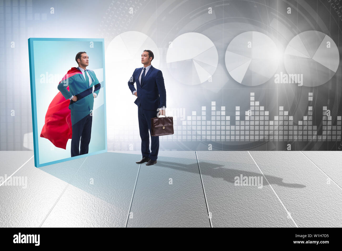 Businessman seeing himself in mirror as superhero Stock Photo - Alamy