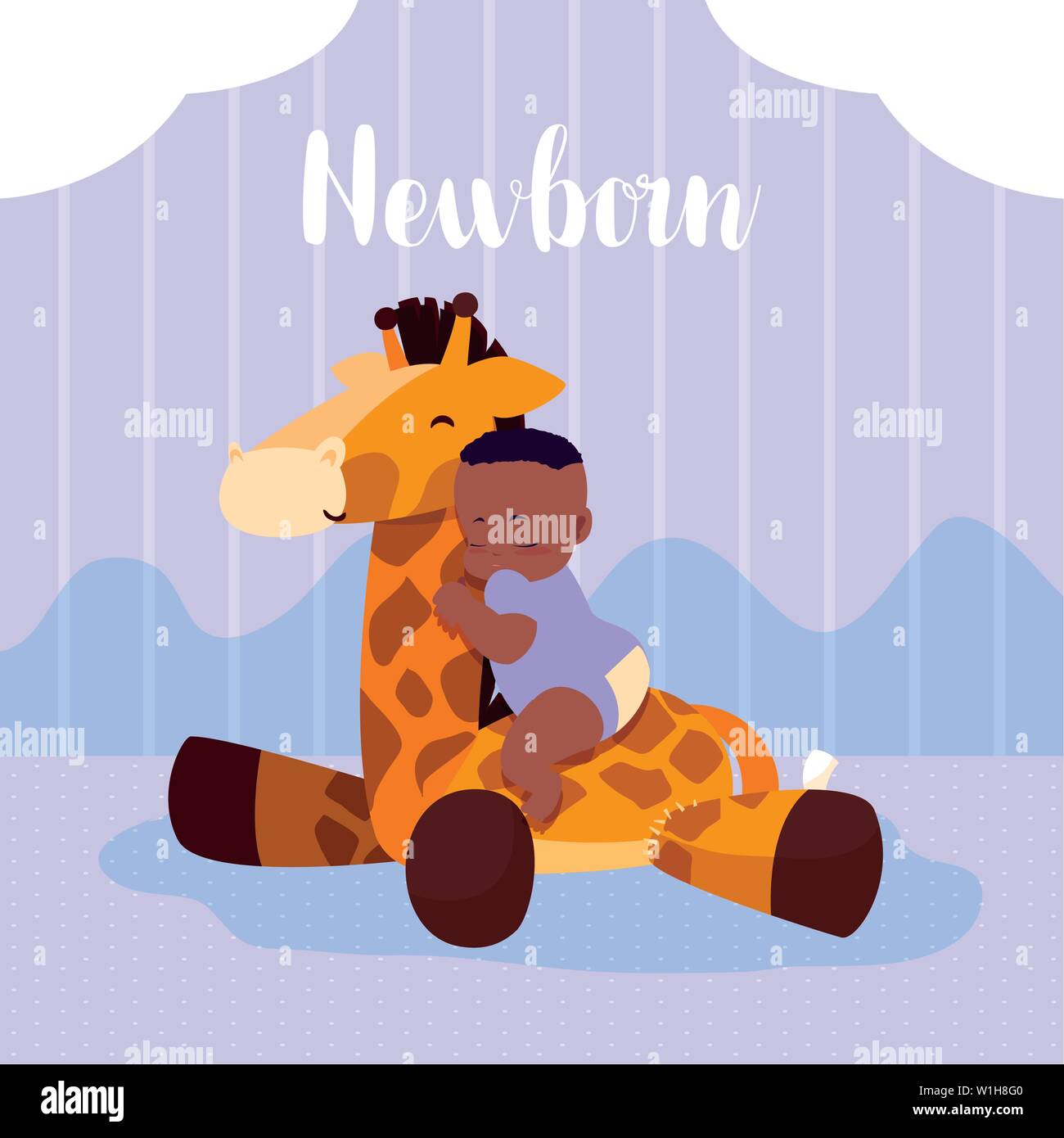 newborn card with baby boy afro and giraffe stuffed animal vector ...