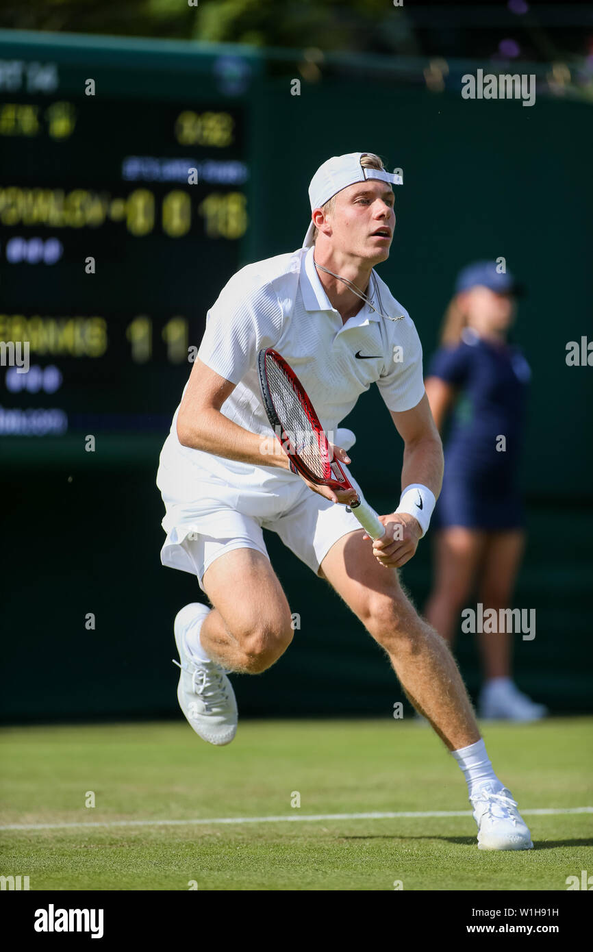 Wimbledon, London, UK. 2nd July, 2019. Denis Shapovalov of Canada during  the men's singles first round match of the Wimbledon Lawn Tennis  Championships against Ricardas Berankis of Lithuania at the All England
