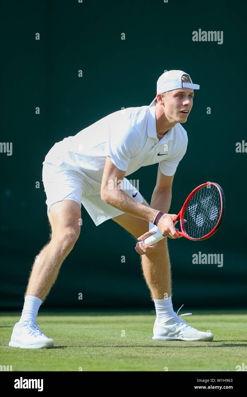 Wimbledon, London, UK. 2nd July, 2019. Denis Shapovalov of Canada during  the men's singles first round match of the Wimbledon Lawn Tennis  Championships against Ricardas Berankis of Lithuania at the All England