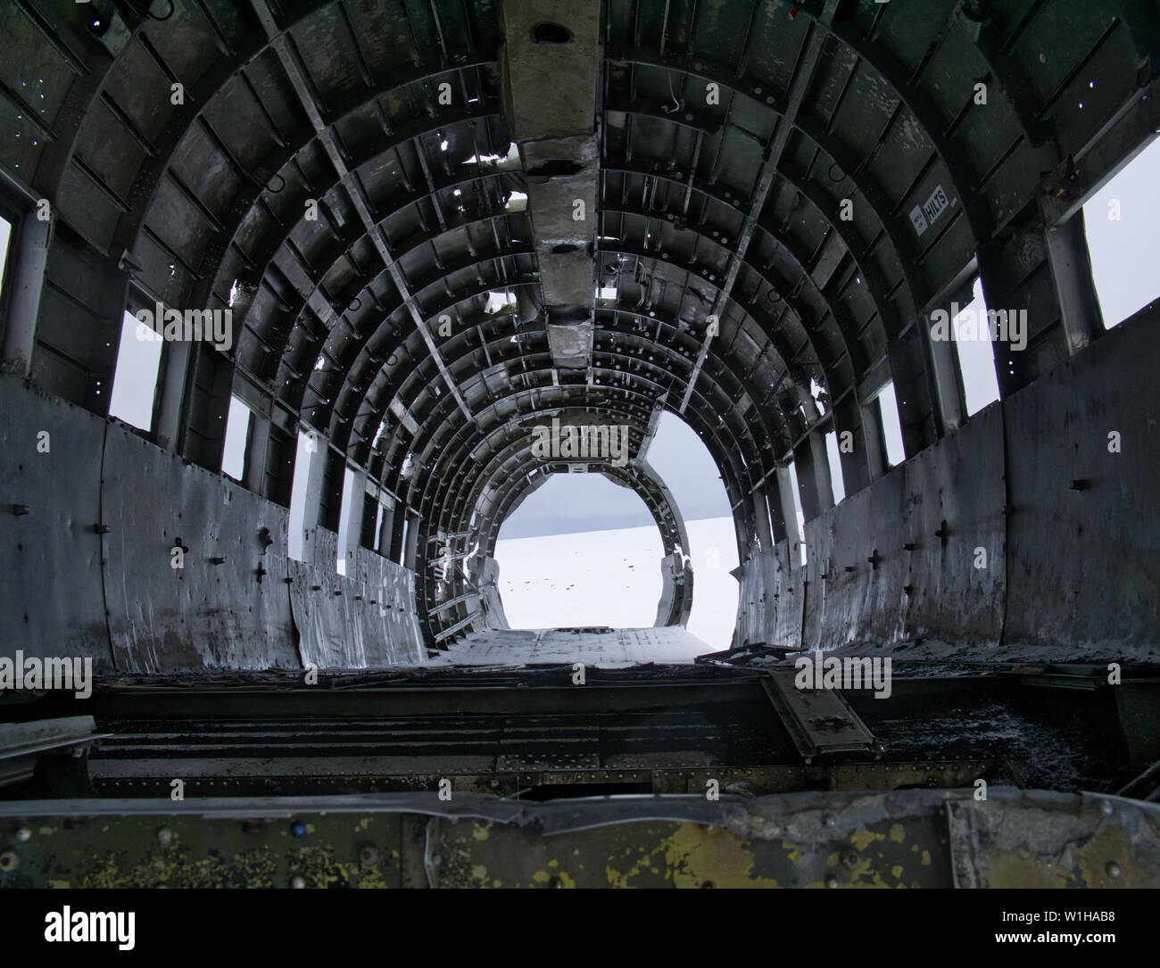 The interior view of the crashed DC3 plane wreck in Iceland Stock