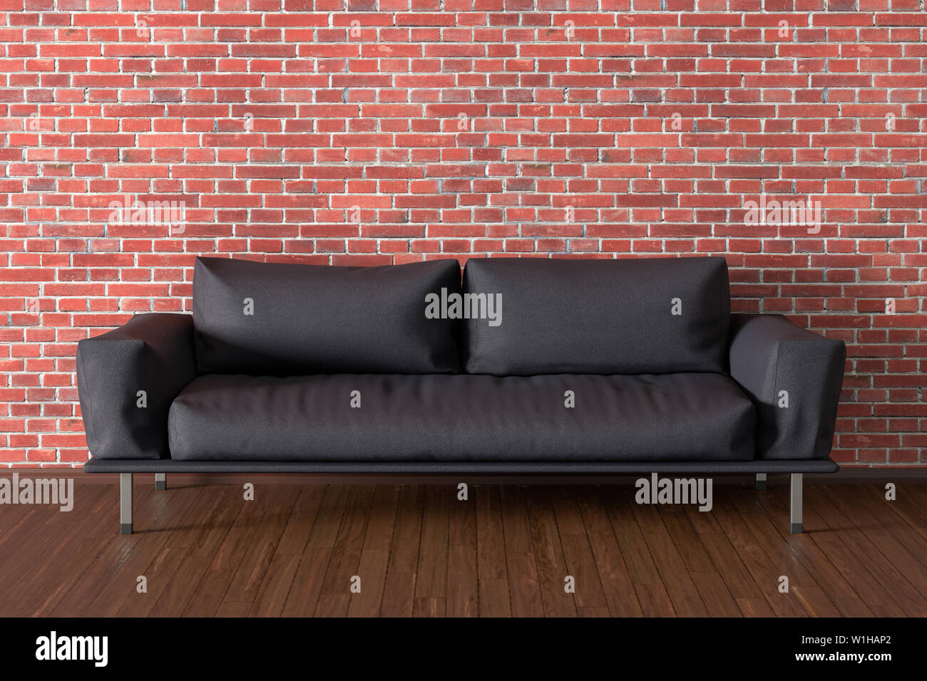 Black Leather Couch In Interior Of Living Room With Wooden
