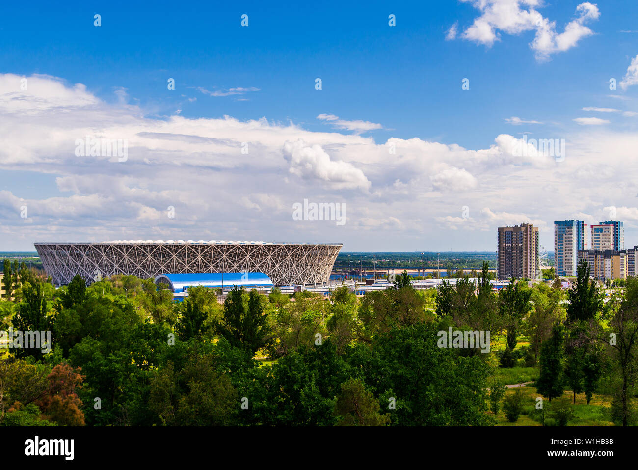 Volgograd, Russia May 29, 2019 View to the Volga and the football