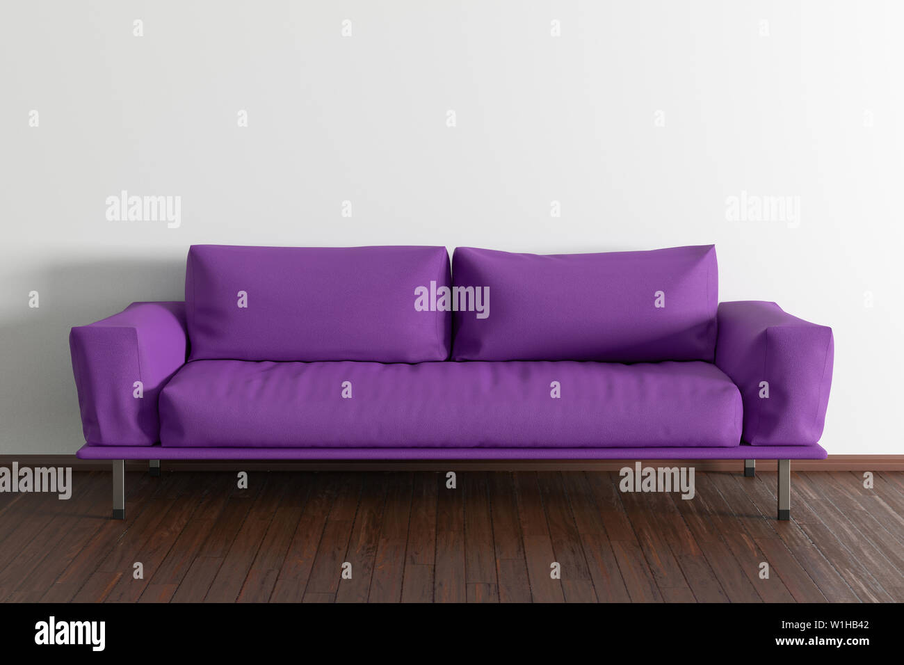 Fuchsia leather couch in interior of living room with wooden flooring and white wall. 3d illustration Stock Photo