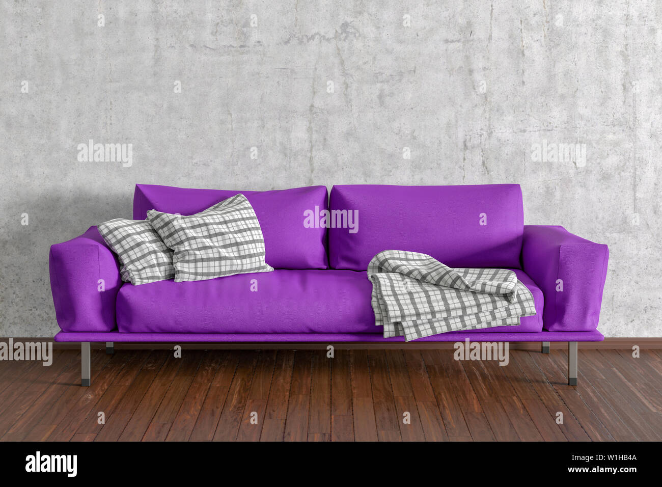 Fuchsia leather couch in interior of living room with wooden flooring and concrete wall. 3d illustration Stock Photo