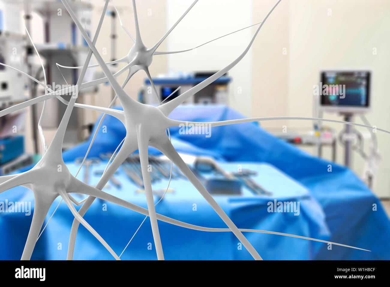 Artificial intelligence in smart healthcare hospital technology concept. AI biomedical algorithm and machine learning detect brain stem cell neurons. Stock Photo