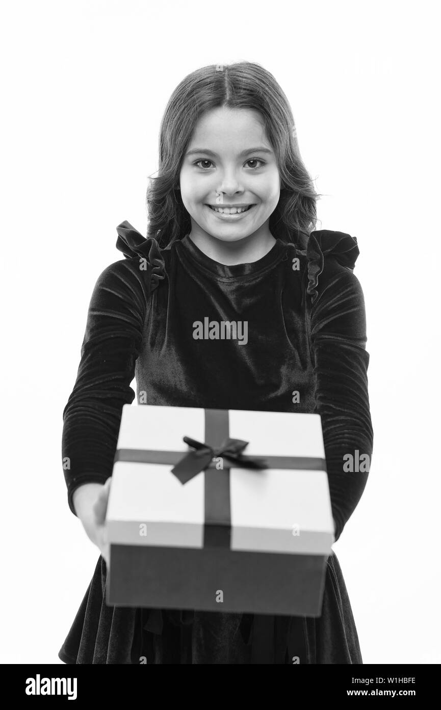 Happy birthday gift. small girl after shopping. big sale in shopping mall. Boxing day. Little girl with present box. Thanks for your purchase. Home shopping. Shopaholic. Online shop. Stock Photo