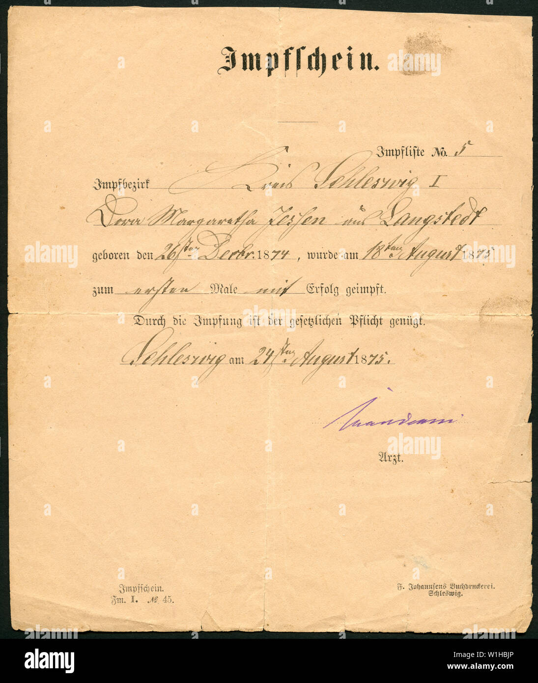 Europa, Deutschland, Schleswig-Holstein, Schleswig, Impfschein aus dem Jahr 1875, ausgestellt für Dora Margaretha Jessen in Langstesdt . / Europe, Ge Stock Photo