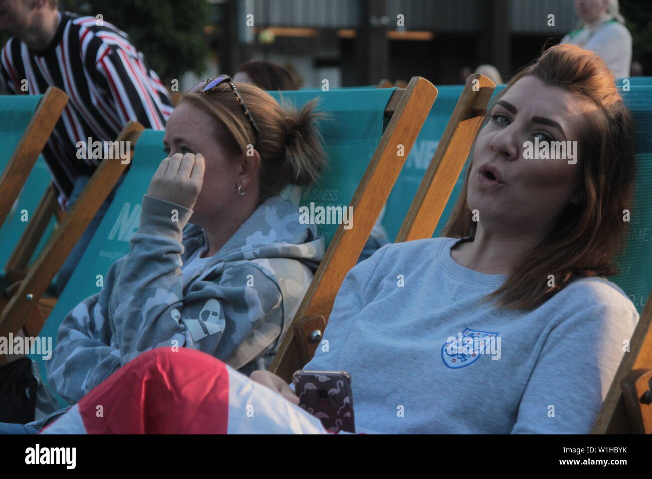 Newcastle upon Tyne, UK. 2nd July, 2019. England Fans Watch Womens World Cup Semi Final on big screens in Newcastle. Credit: DavidWhinham/17�Թ����� Credit: David Whinham/17�Թ����� Live News Stock Photo