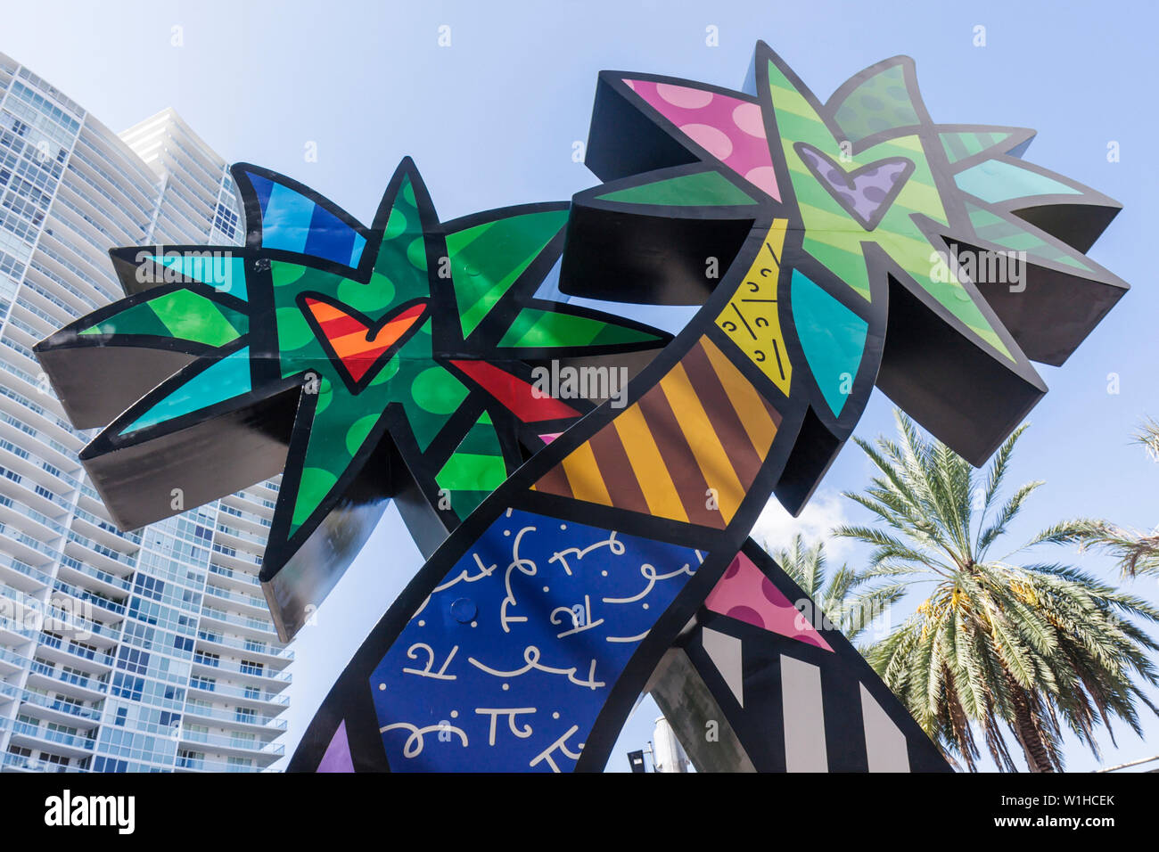 Miami Beach Florida,Fifth & Alton,art in public places,Romero Britto,sculpture,palm trees,colorful,stripes,polka dots,FL091008099 Stock Photo