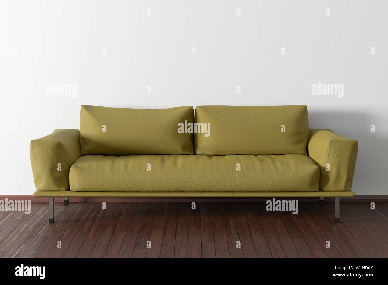 Yellow leather couch in interior of living room with wooden flooring