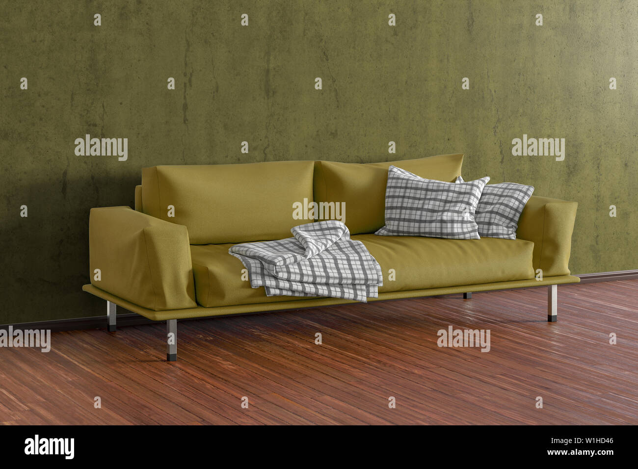 Yellow leather couch in interior of living room with wooden flooring