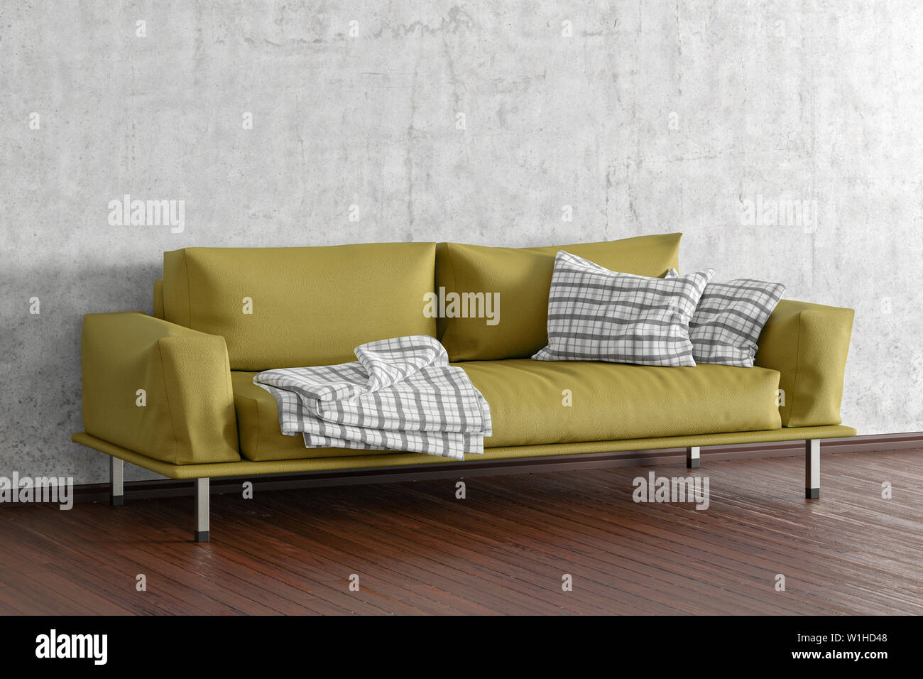 Yellow leather couch in interior of living room with wooden flooring
