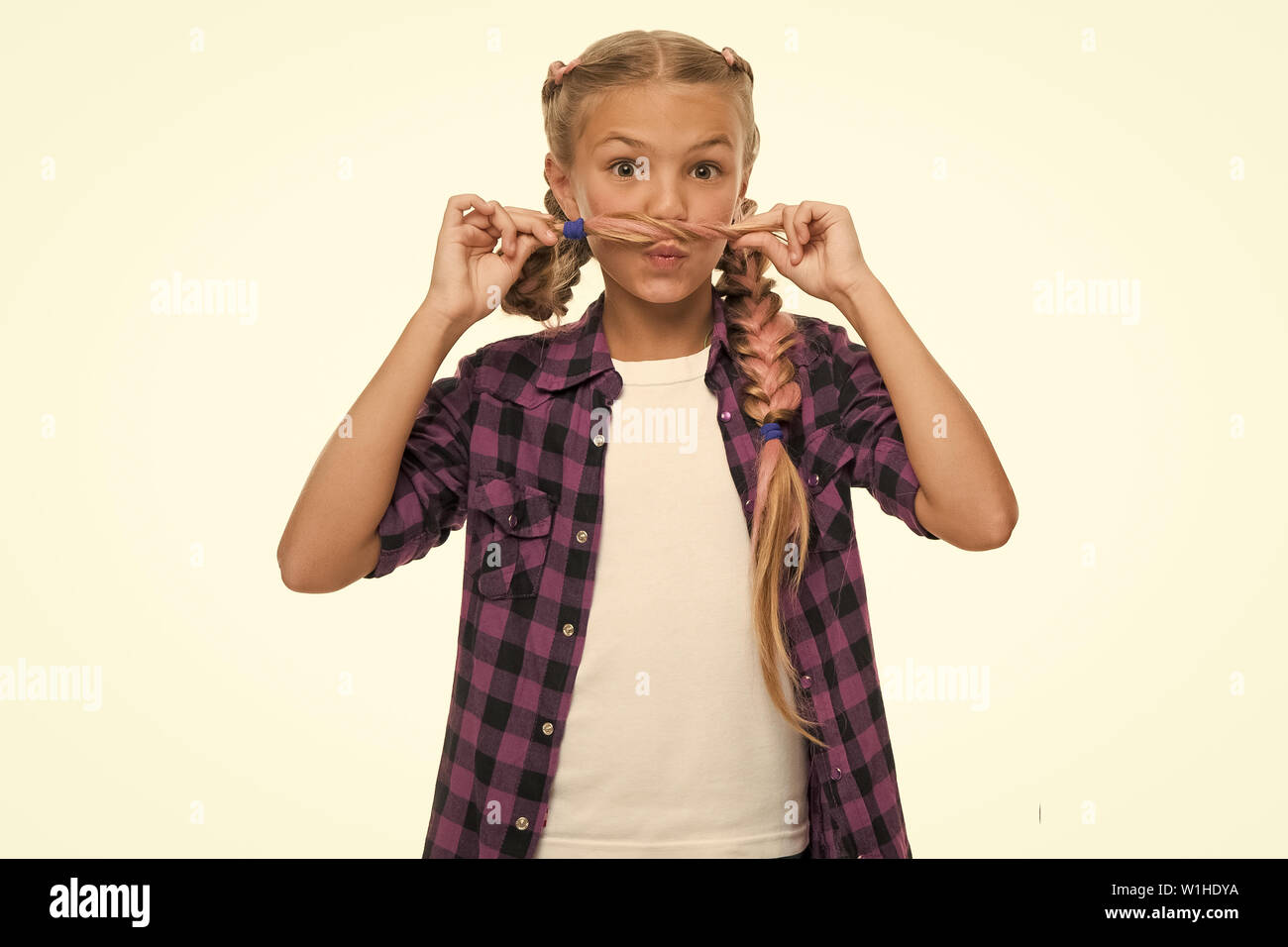 Having Fun Facial Hair Concept Girl Long Braids White Background