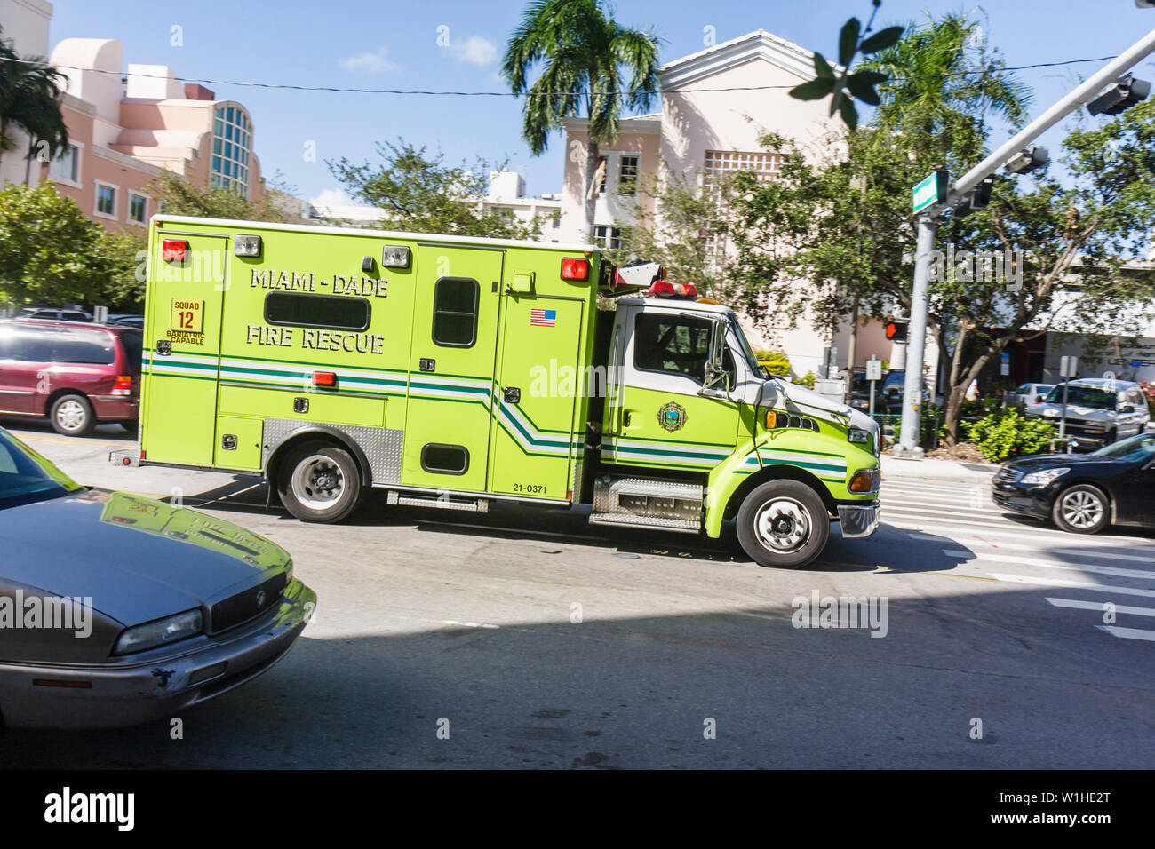 Miami Florida,Miami Dade Fire Rescue,truck,emergency,vehicle,ambulance,first responder,paramedic,EMT,visitors travel traveling tour tourist tourism la Stock Photo