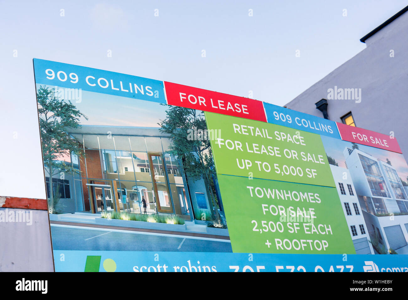 Miami Beach Florida,Collins Avenue,real estate,sign,logo,lease,retail products,display case sale,merchandise,packaging,brands,retail space,townhouse,m Stock Photo