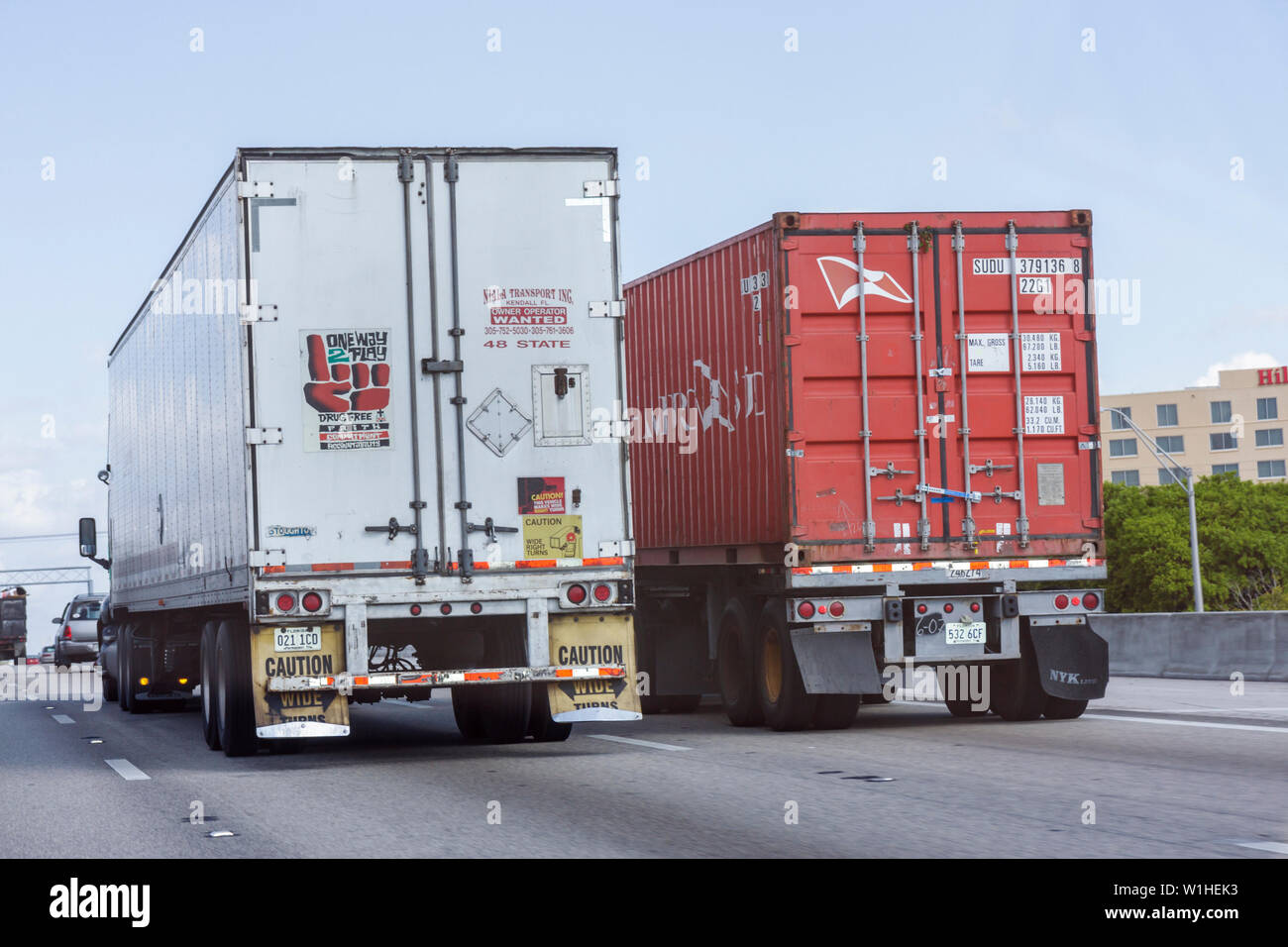 Miami Florida,I 95,Interstate 95,highway,road,traffic,transportation,truck,intermodal container,freight,safe driving,visitors travel traveling tour to Stock Photo