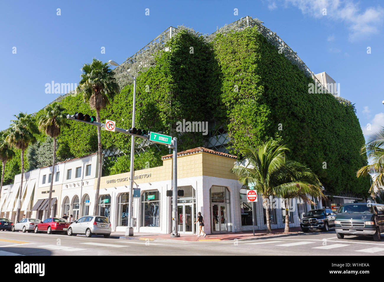 Miami Beach Florida,Collins Avenue,parking garage,Seventh 7th Street Parking Garage,multi use building,shops,vertical vegetated wall,urban landscape,p Stock Photo