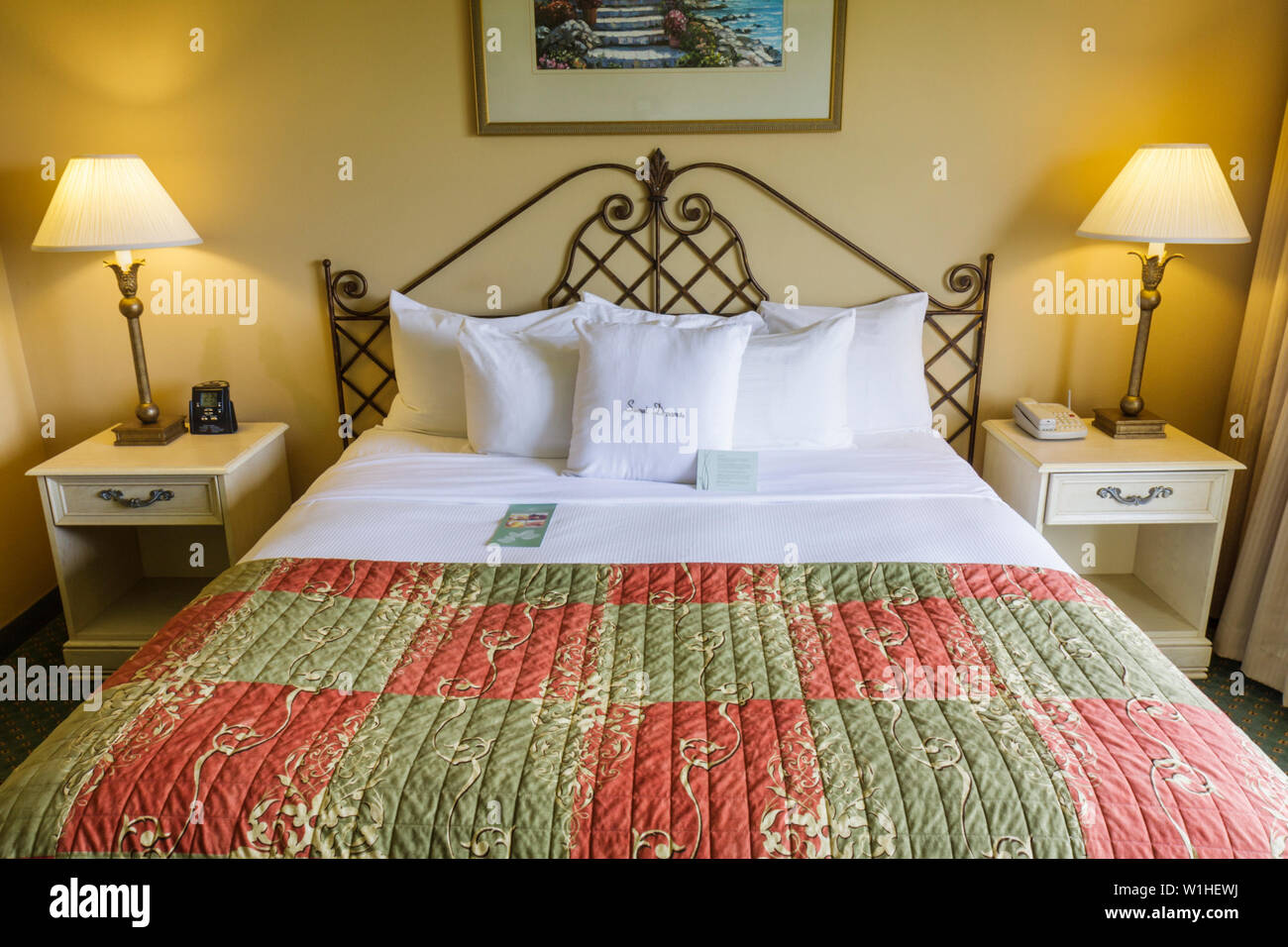 Naples Florida,Doubletree Guest Suites,motel,hotel,lodging,guest room,bed,bedding,comfort,sleep,nightstand,lamp,bedspread,pillow,decor,interior design Stock Photo