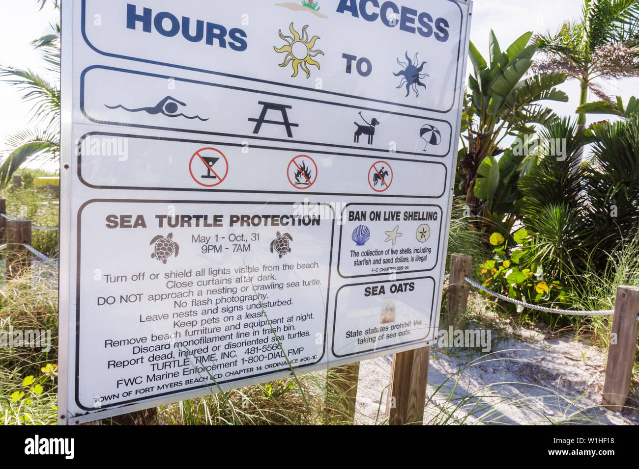 Florida Collier County,Fort Ft. Myers Beach,Gulf of Mexico Coast,public beach,park rules,sign,graphics,regulations,protected species,sea turtle nest,v Stock Photo