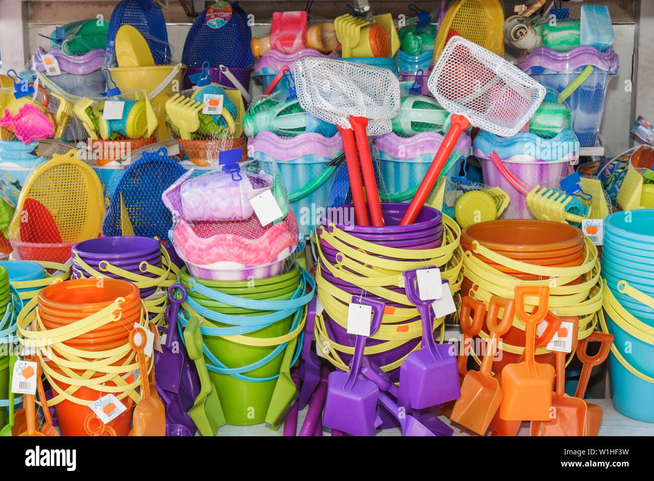 Florida Collier County,Fort Ft. Myers Beach,novelty shop,store,stores,businesses,district,beach product,net,plastic pail,shovel,sand toy,childhood,col Stock Photo