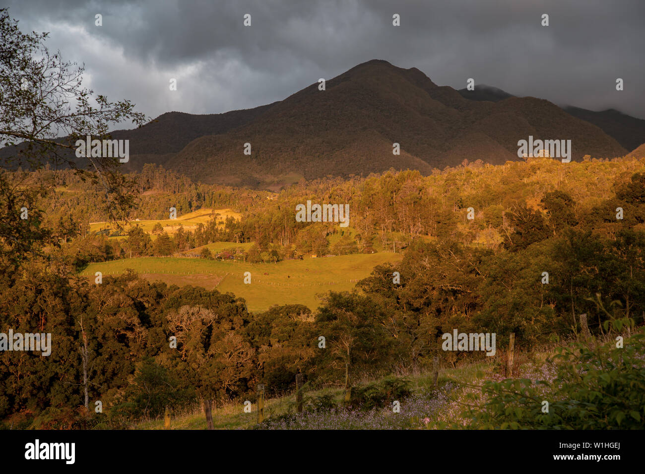 Multiple exposure of a valley and the Iguaque mountain under an overcasted sky illuminated by the sunset, in the central Andean mountains of Colombia. Stock Photo