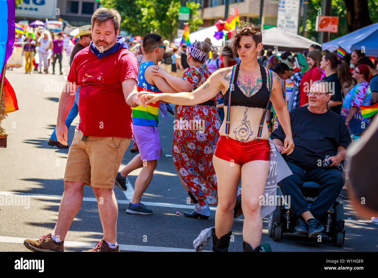 Portland, Oregon, USA - June 16, 2019: Diversified group of people in ...