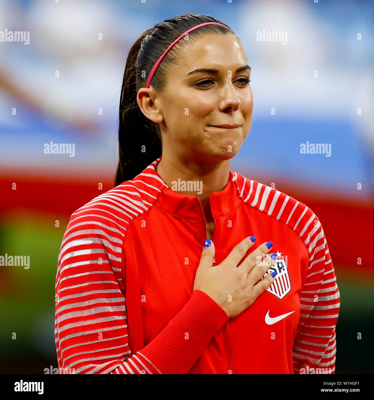 Lyon, France. 02nd July, 2019. Alex Morgan of the United States does not  sing national anthem before a match between England and United States.  World Cup Qualification Football. FIFA. Held at the