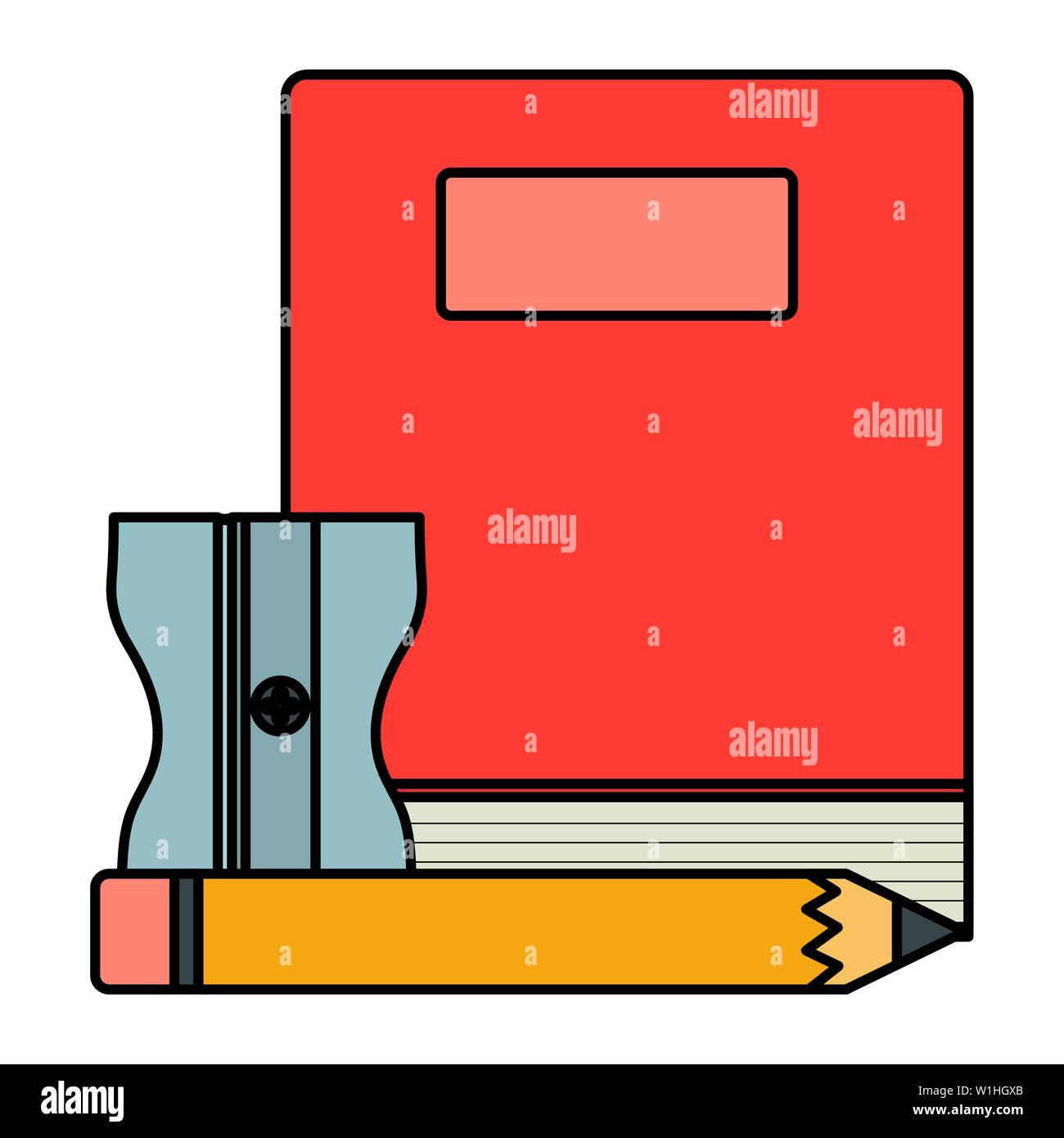 text book school supply with pencil and sharpener vector illustration design Stock Vector