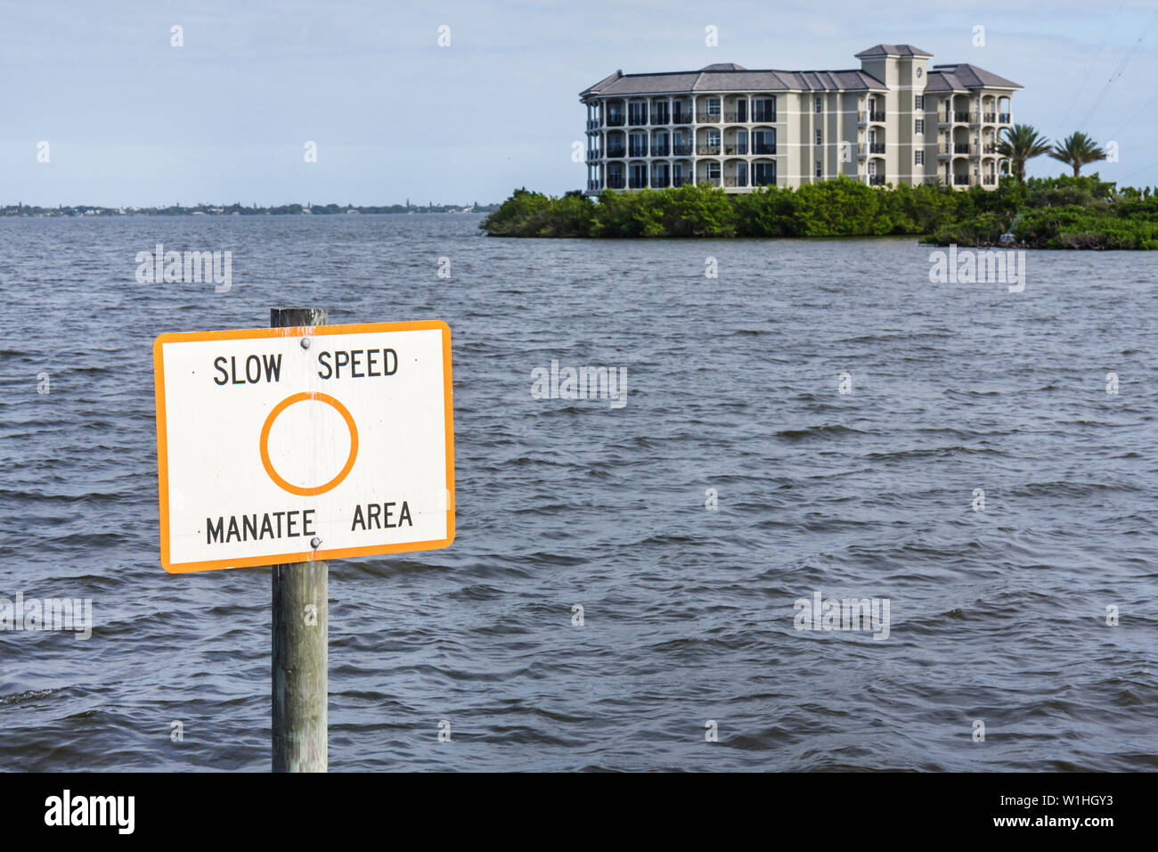 Melbourne Florida,Indian River Lagoon,waterfront,coastal area,condominium residential apartment apartments building buildings housing,four story,pylon Stock Photo